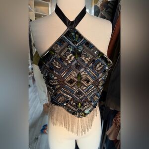 Topshop Beaded Halter Top in Black with Blue & Green Accents